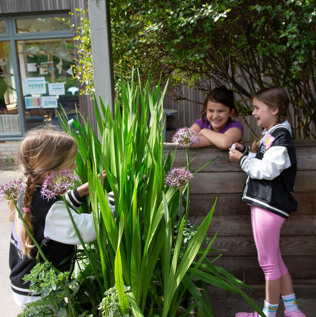 students by greenery