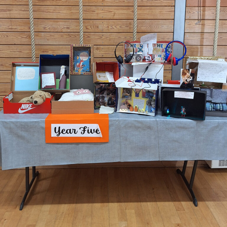 A table of decorated shoeboxes on a table in a wooden school gym. A sign reads 'Year Five'.
