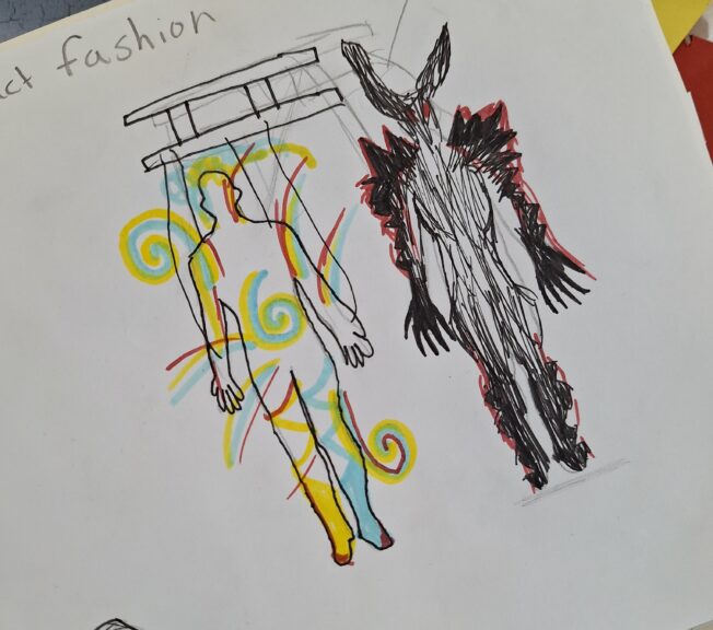 A sketch showing a design for an abstract wearable sculpture based on a puppet master