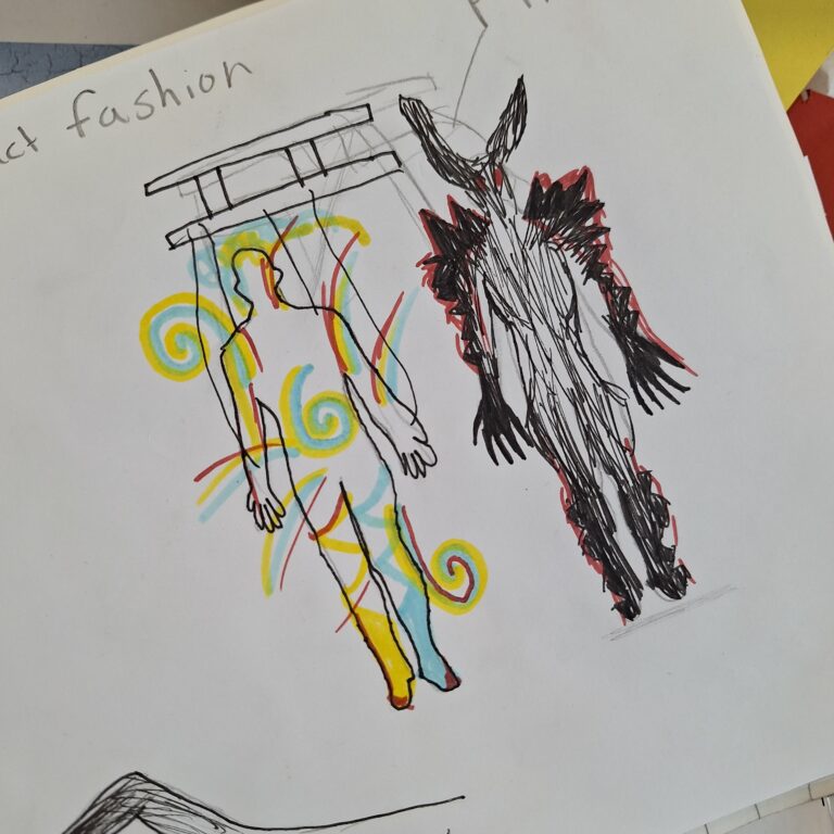 A sketch showing a design for an abstract wearable sculpture based on a puppet master
