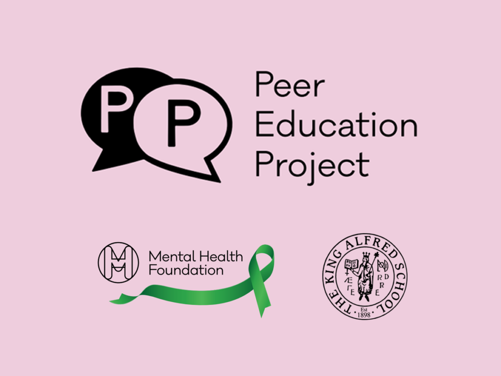 Pink graphic with logos for the Peer Education Project, the Mental Health Foundation and The King Alfred School, North London