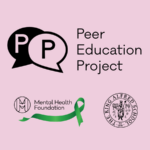 Pink graphic with logos for the Peer Education Project, the Mental Health Foundation and The King Alfred School, North London