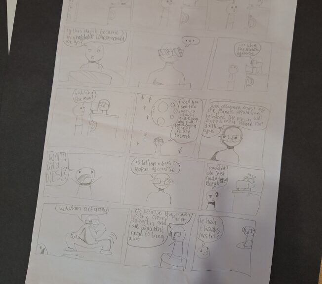A pencil-drawn cartoon strip exploring the question 'where will we go if Earth becomes inhabitable?'