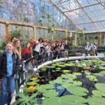 Students pose for a photo around a pond with lily pads on the surface inside a glasshouse