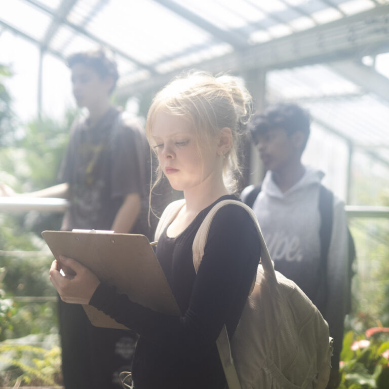 A female student stands and sketches inside a glasshouse at Kew Gardens