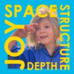 girl holding a worm surrounded by the graphic words JOY SPACE STRUCTURE DEPTH