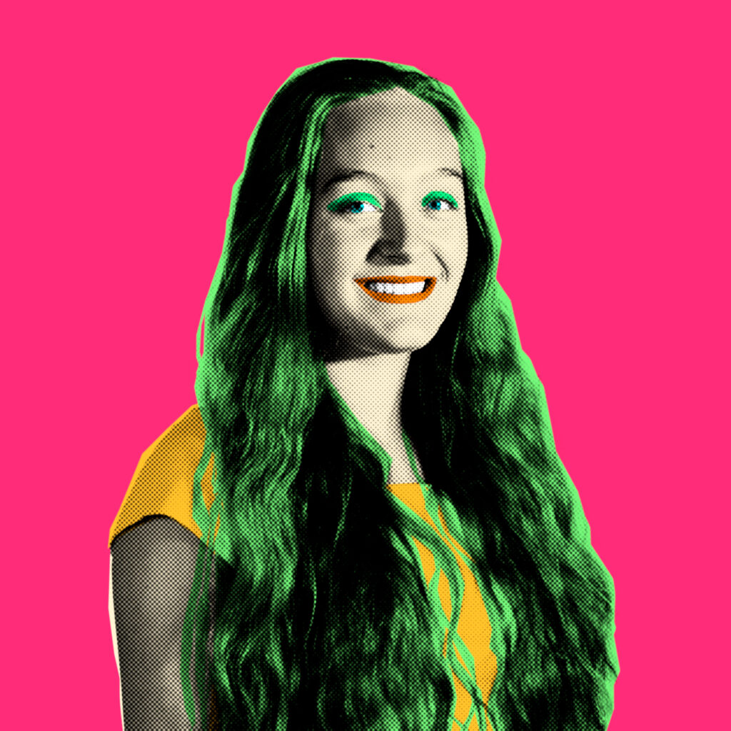 Pop Art-style picture of a female student from The King Alfred School Sixth Form. She is set against a pink background, with her hair and eyelids highlighted green and her lips coloured orange.