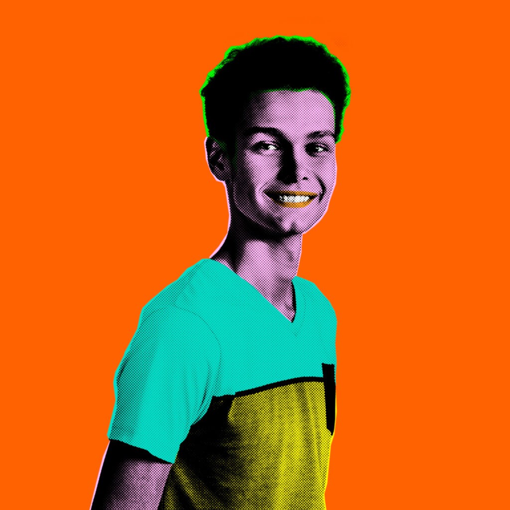 Pop Art-style picture of a male student from The King Alfred School Sixth Form. He is set against an orange background, with his skin coloured purple, his lips coloured orange, and a green outline around his head.