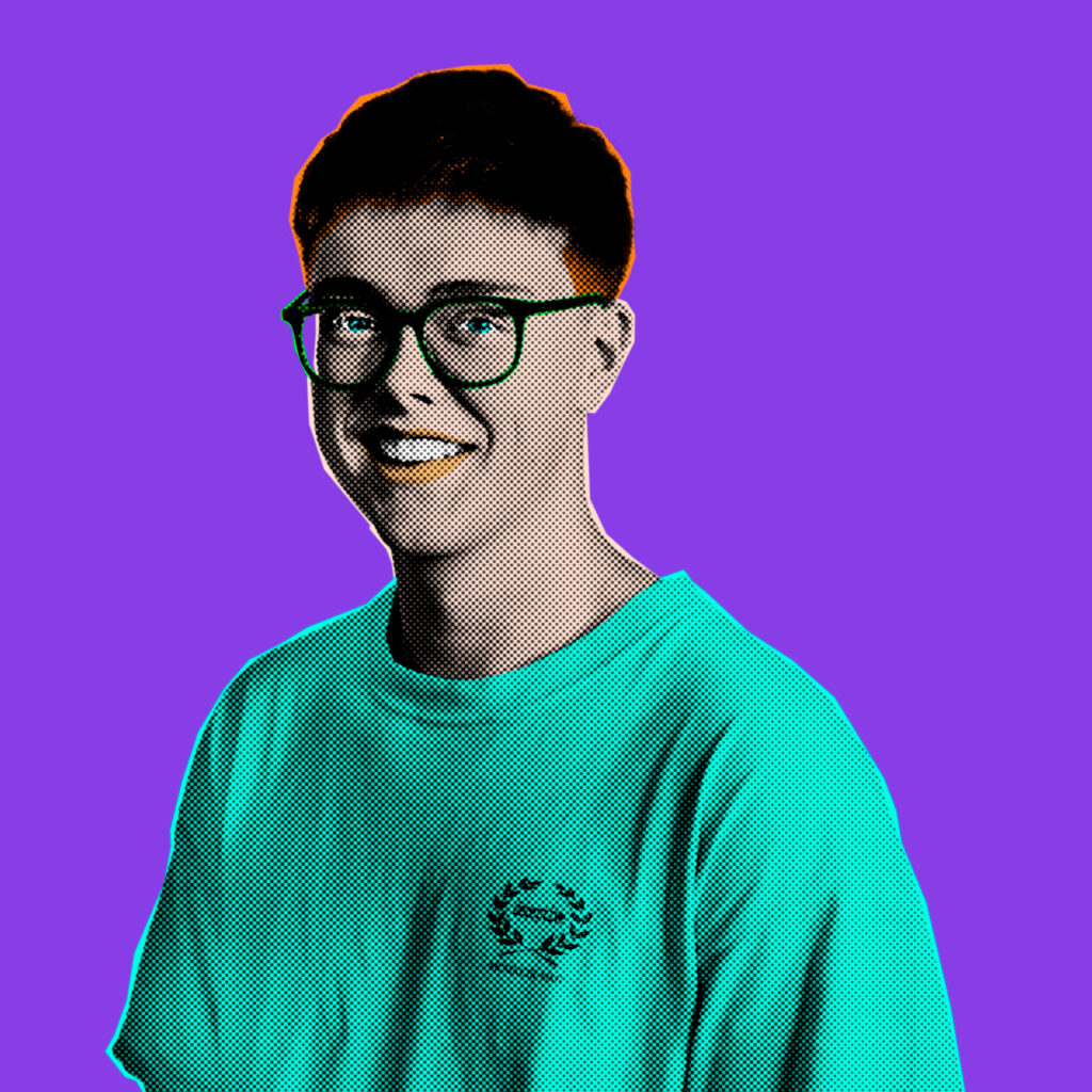 Pop Art-style picture of a male student from The King Alfred School Sixth Form. He is set against a purple background, with his lips coloured yellow and an orange outline around his head.