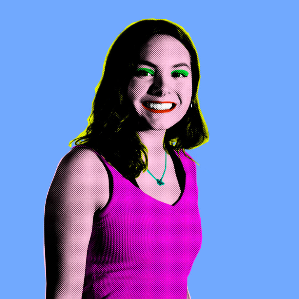 Pop Art-style picture of a female student from The King Alfred School Sixth Form. She is set against a lilac background, with her eyelids coloured green and a yellow outline around her hair.