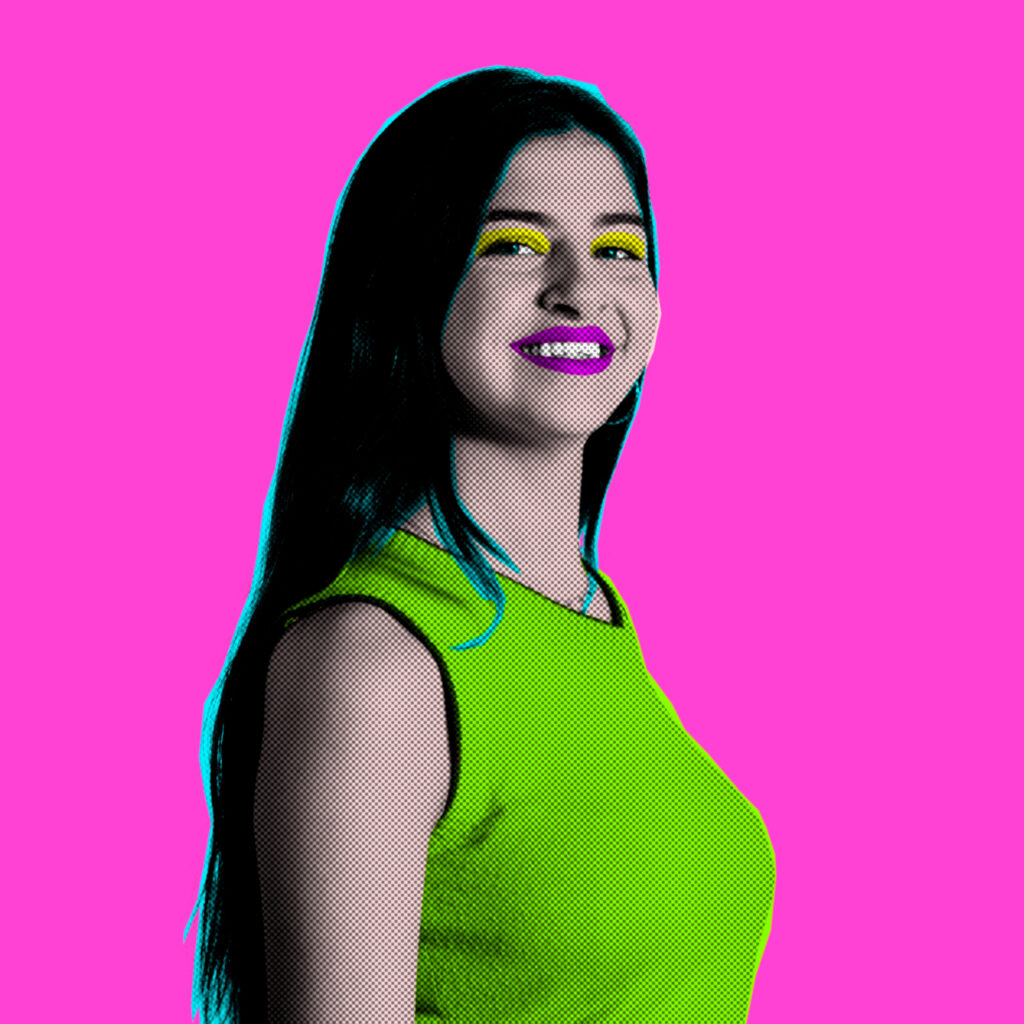 Pop Art-style picture of a female student from The King Alfred School Sixth Form. She is set against a pink background, with her eyelids coloured yellow and her lips coloured purple.