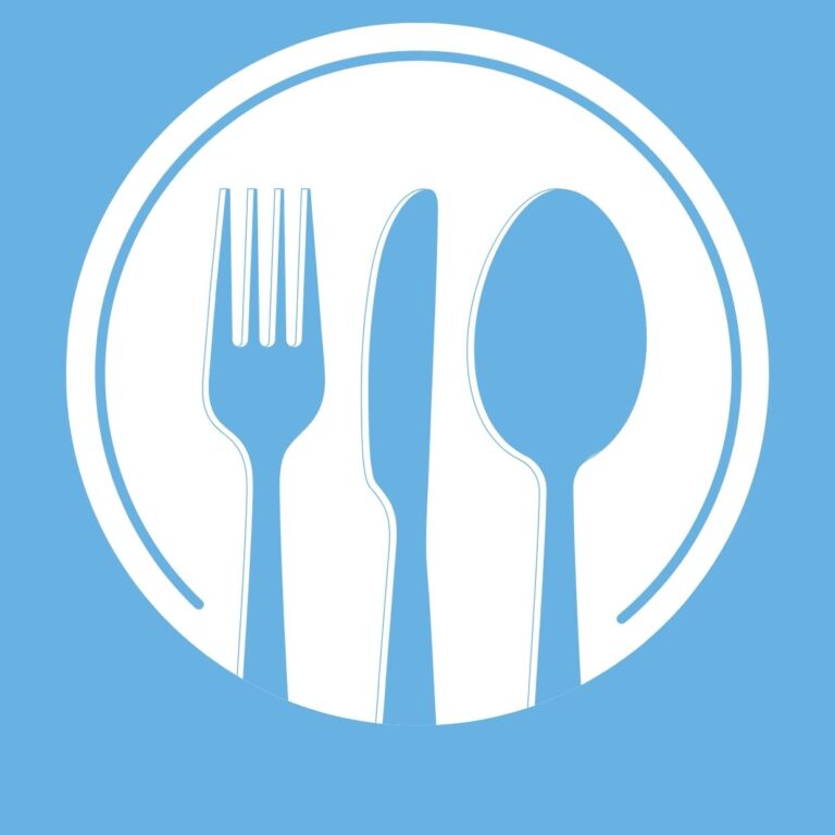 a blue background with a white graphic of a fork knife and spoon lined up on top of it