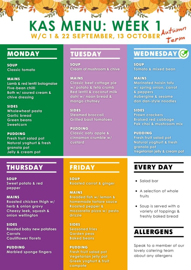 Graphic of the weekly lunch menu (week 1) at The King Alfred School