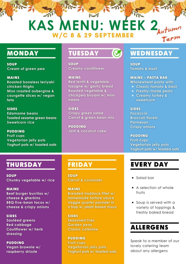 Graphic of the weekly lunch menu (week 2) at The King Alfred School