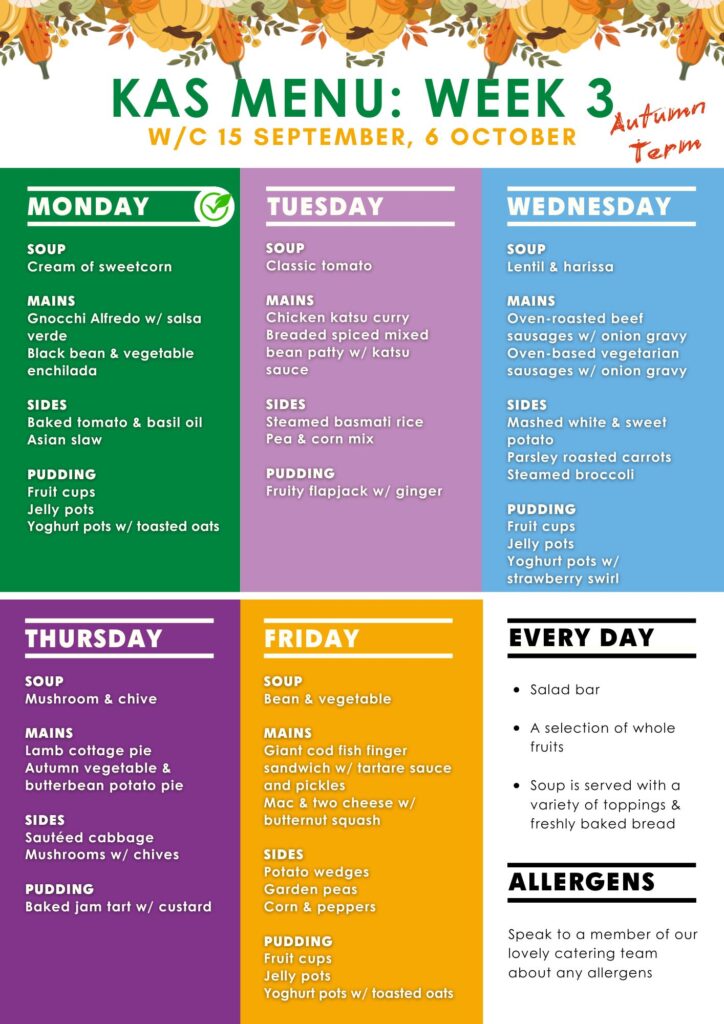 Graphic of the weekly lunch menu (week 3) at The King Alfred School