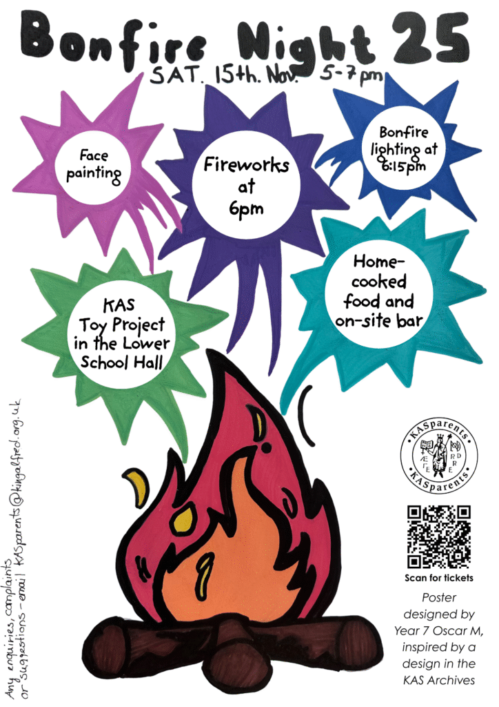 Poster drawn by a student in felt tip pen. White background with black wording 'Bonfire Night 2025 Saturday 15 November 5-7pm'. There are drawings of different coloured firework explosions above a roaring wood fire.