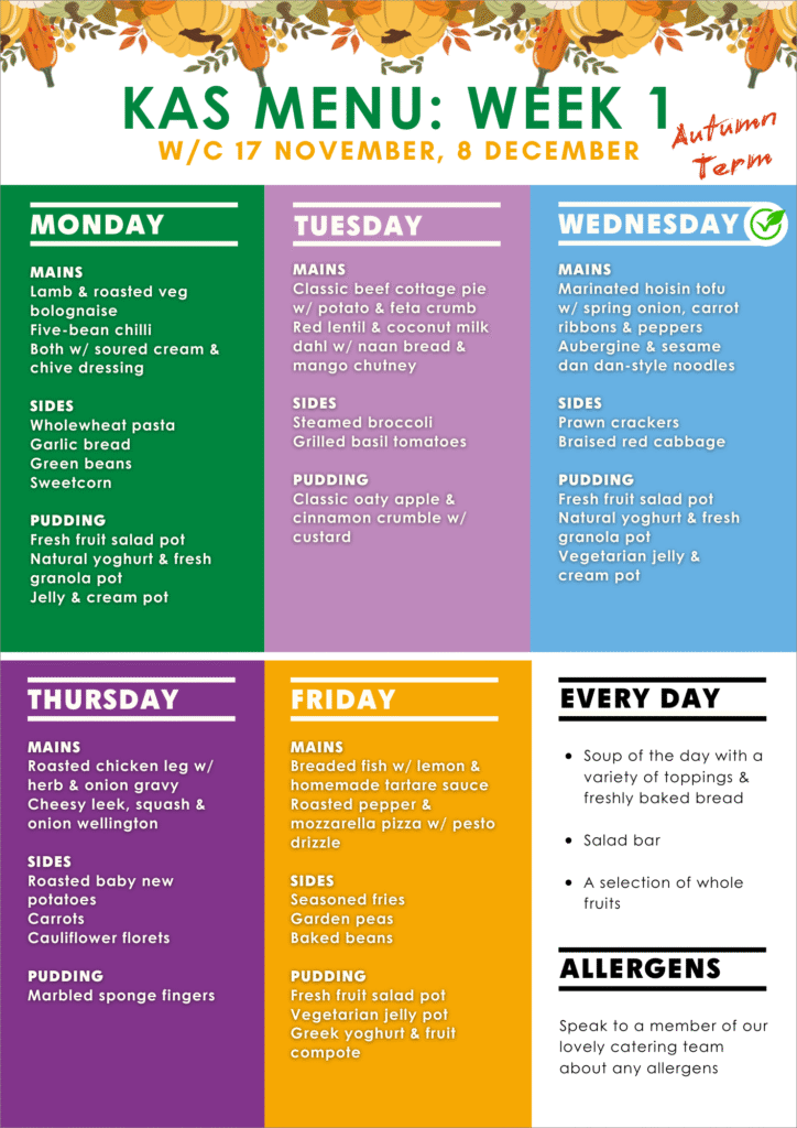 Graphic of the weekly lunch menu (week 1) at The King Alfred School