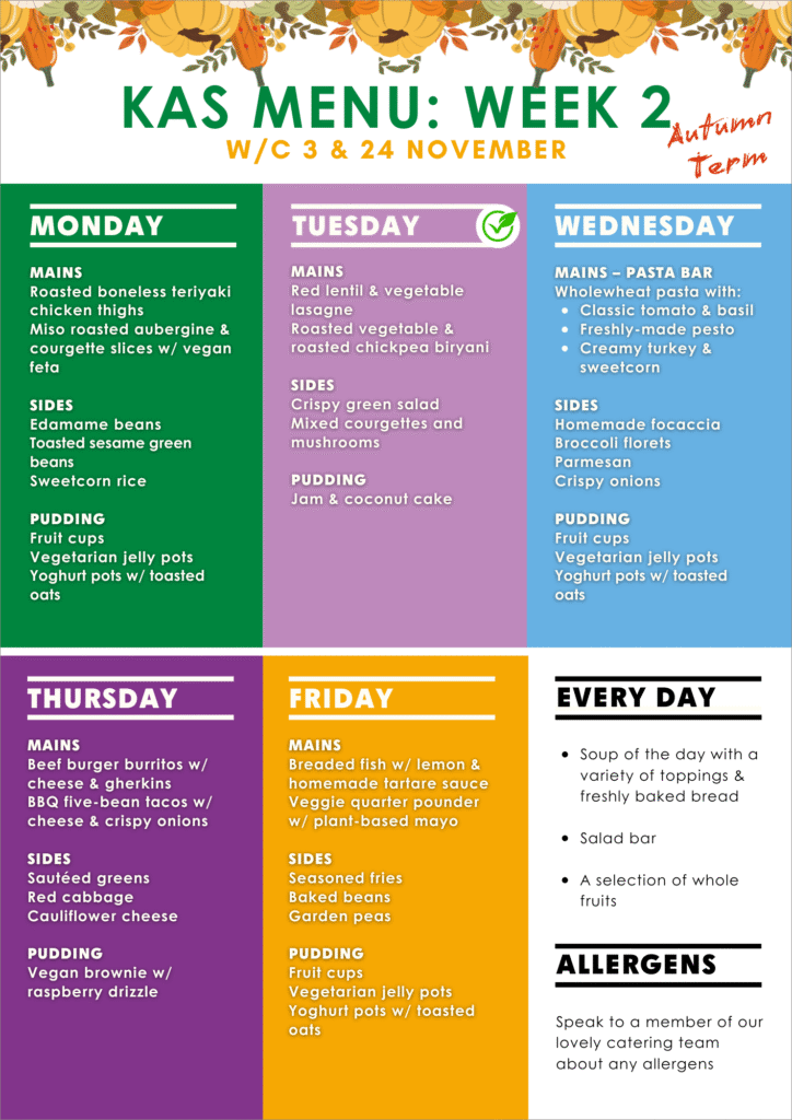Graphic of the weekly lunch menu (week 2) at The King Alfred School