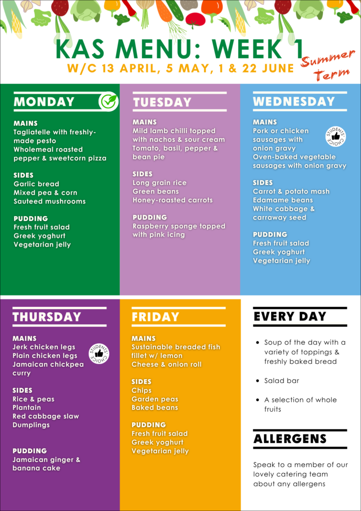 A brightly-coloured graphic listing lunch options at The King Alfred School in Week 1