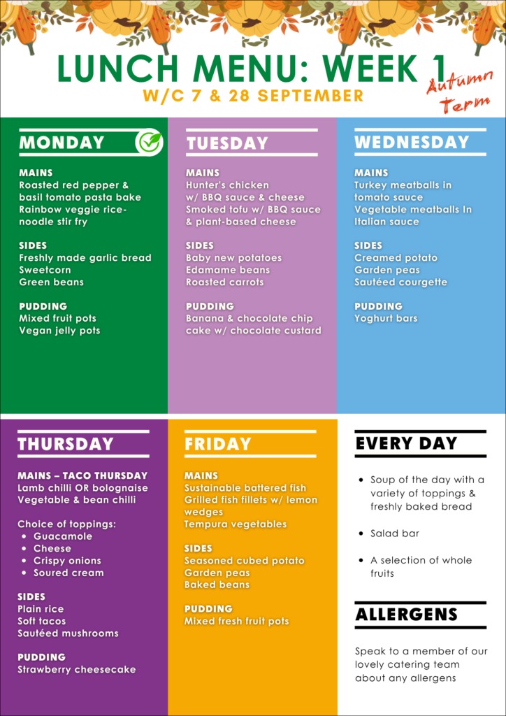 Graphic showing the lunch menu options during Autumn Term, Week 1 at The King Alfred School in Hampstead, London