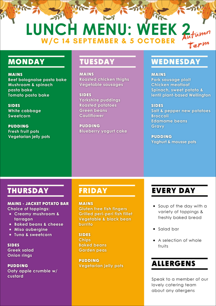 Graphic showing the lunch menu options during Autumn Term, Week 2 at The King Alfred School in Hampstead, London