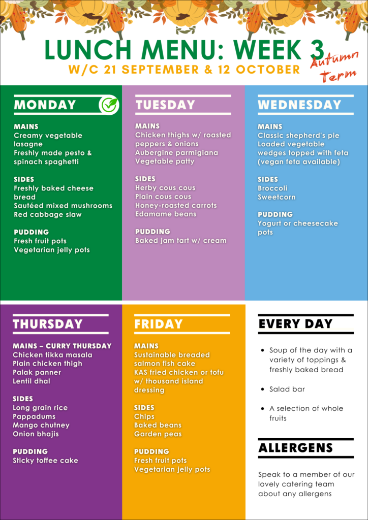 Graphic showing the lunch menu options during Autumn Term, Week 3 at The King Alfred School in Hampstead, London